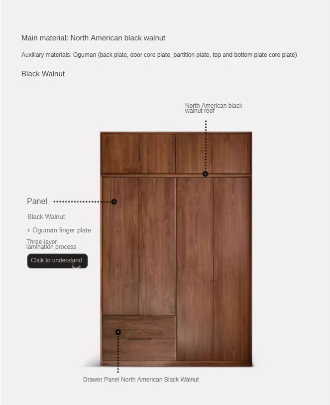 Black Walnut Solid Wood Large Wardrobe: