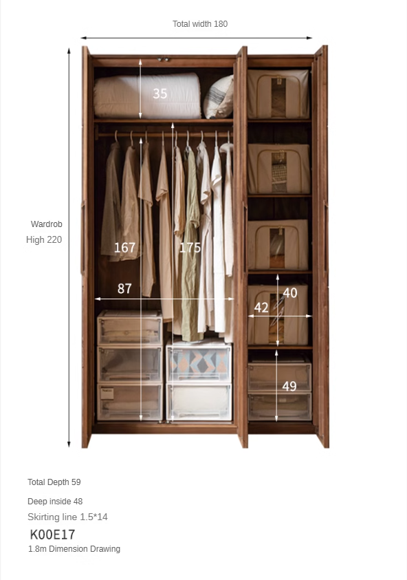 Black Walnut Solid Wood Wardrobe Double Door::