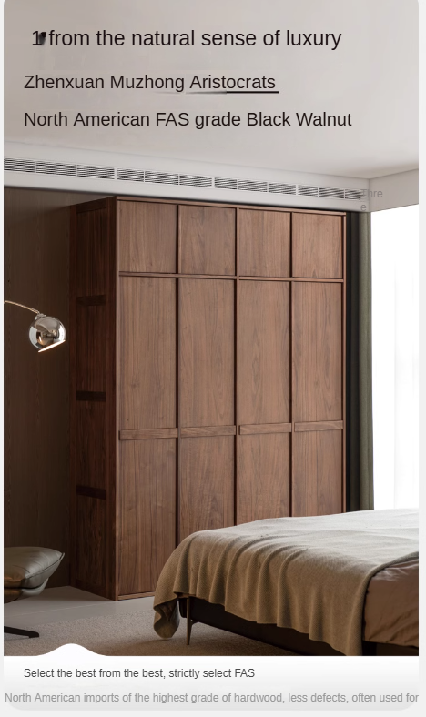 Black Walnut Solid Wood Retro Style Skeleton Line Large Wardrobe