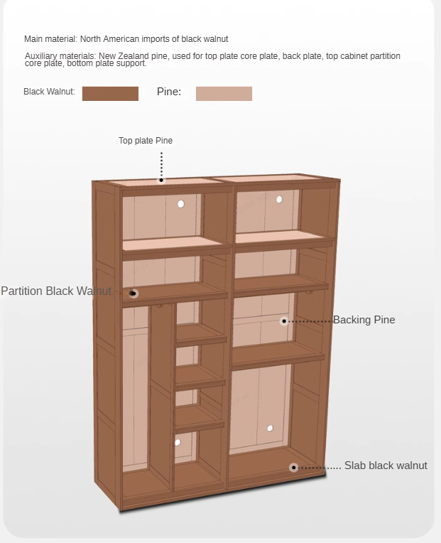 Black Walnut Solid Wood Retro Style Skeleton Line Large Wardrobe