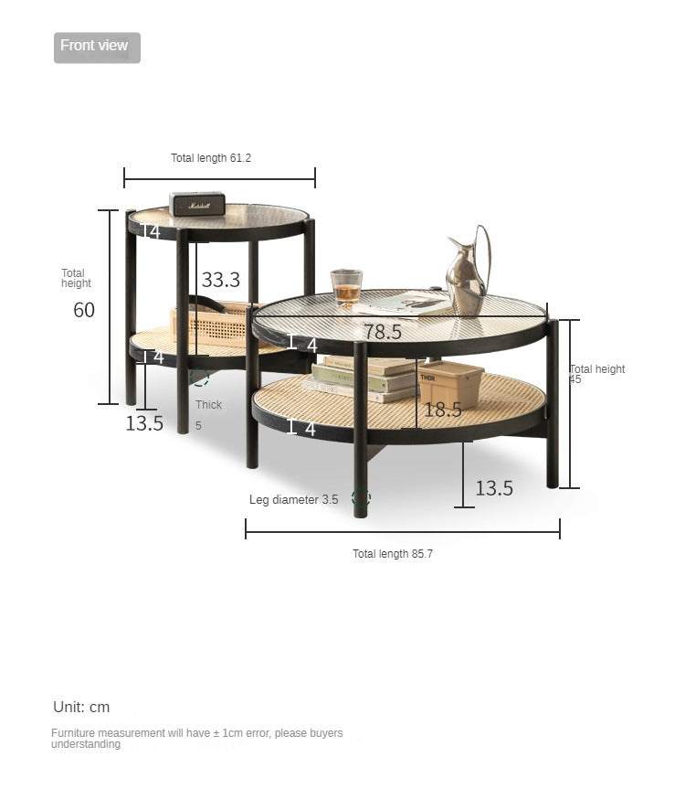 Oak Solid Wood Rattan Black Glass Round Coffee Table