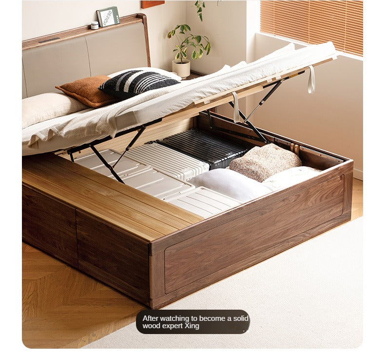 Black Walnut Solid Wood leather soft Drawer Box Bed Nordic<