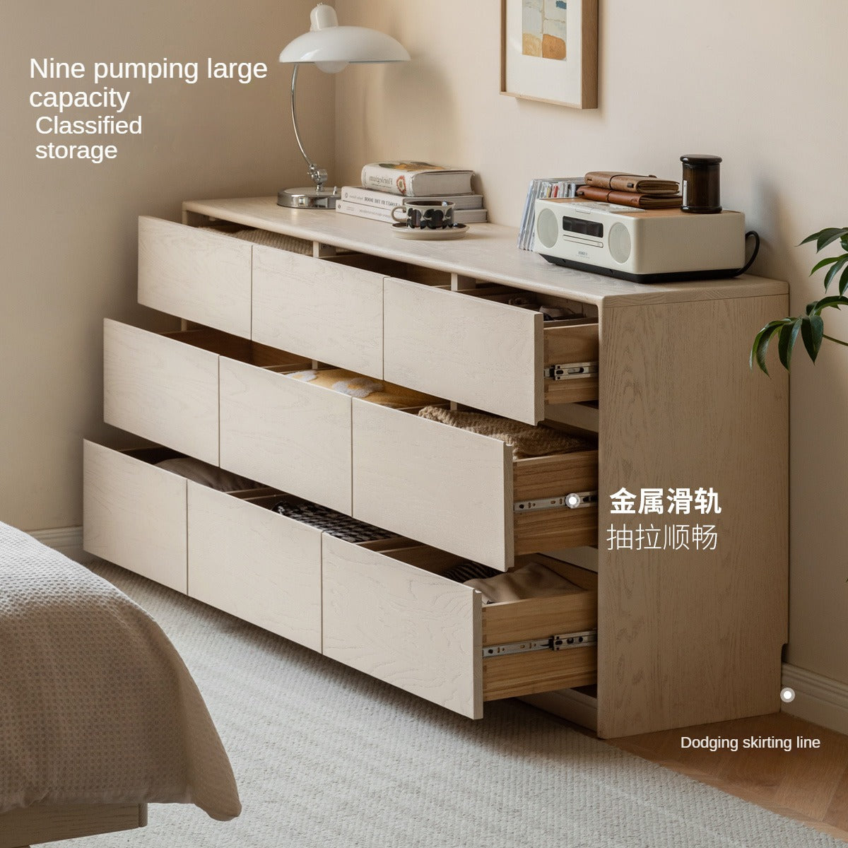 Oak Solid Wood Cream Wind Bedroom TV Cabinet Storage Drawer"