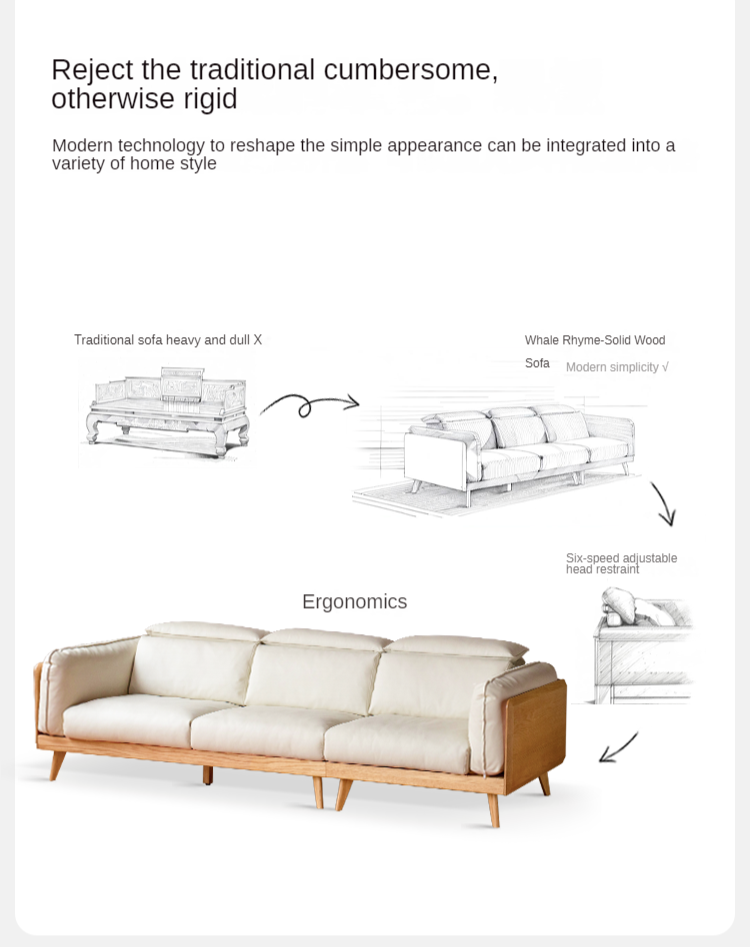 Oak Solid Wood Modern Straight Row Down Sofa