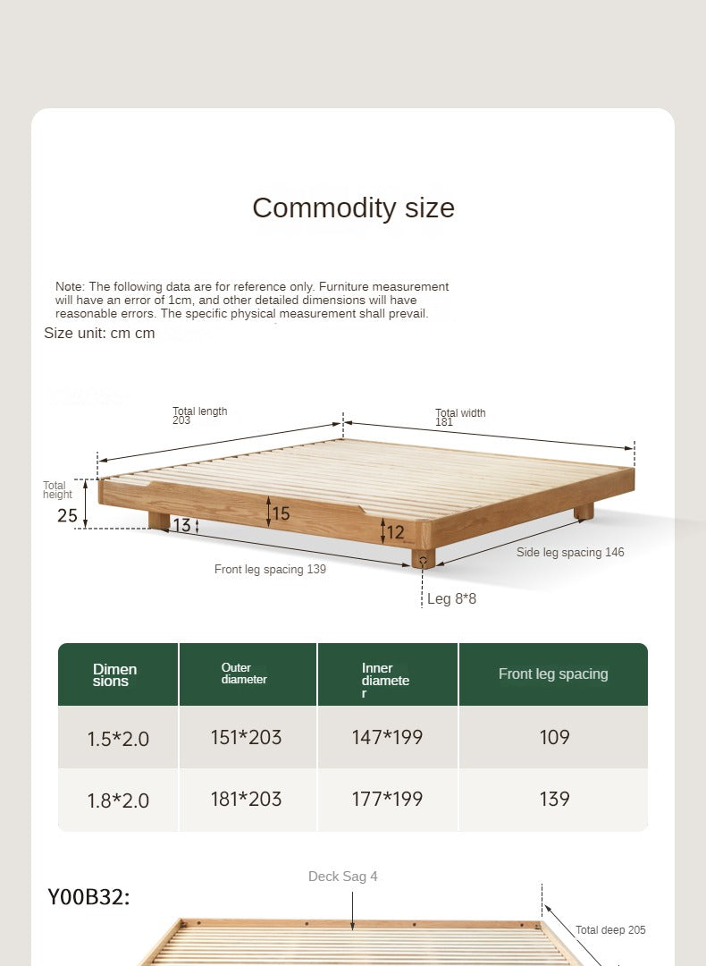 Oak Solid wood modern platform bed, headboard-free suspended bed with light