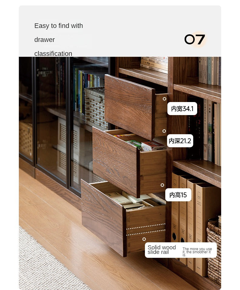 Oak solid wood bookcase modern with glass door"