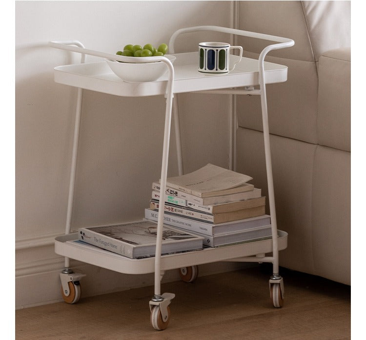 Double Layer Storage Mobile Side Table White Trolley