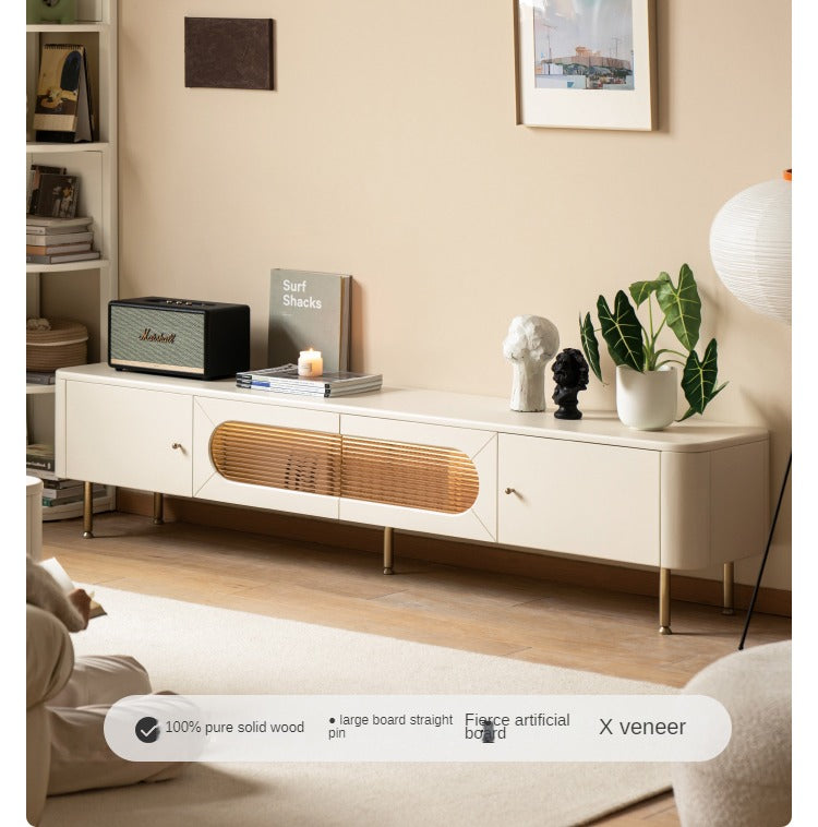 Poplar Solid Wood LED light Cream style TV Cabinet,