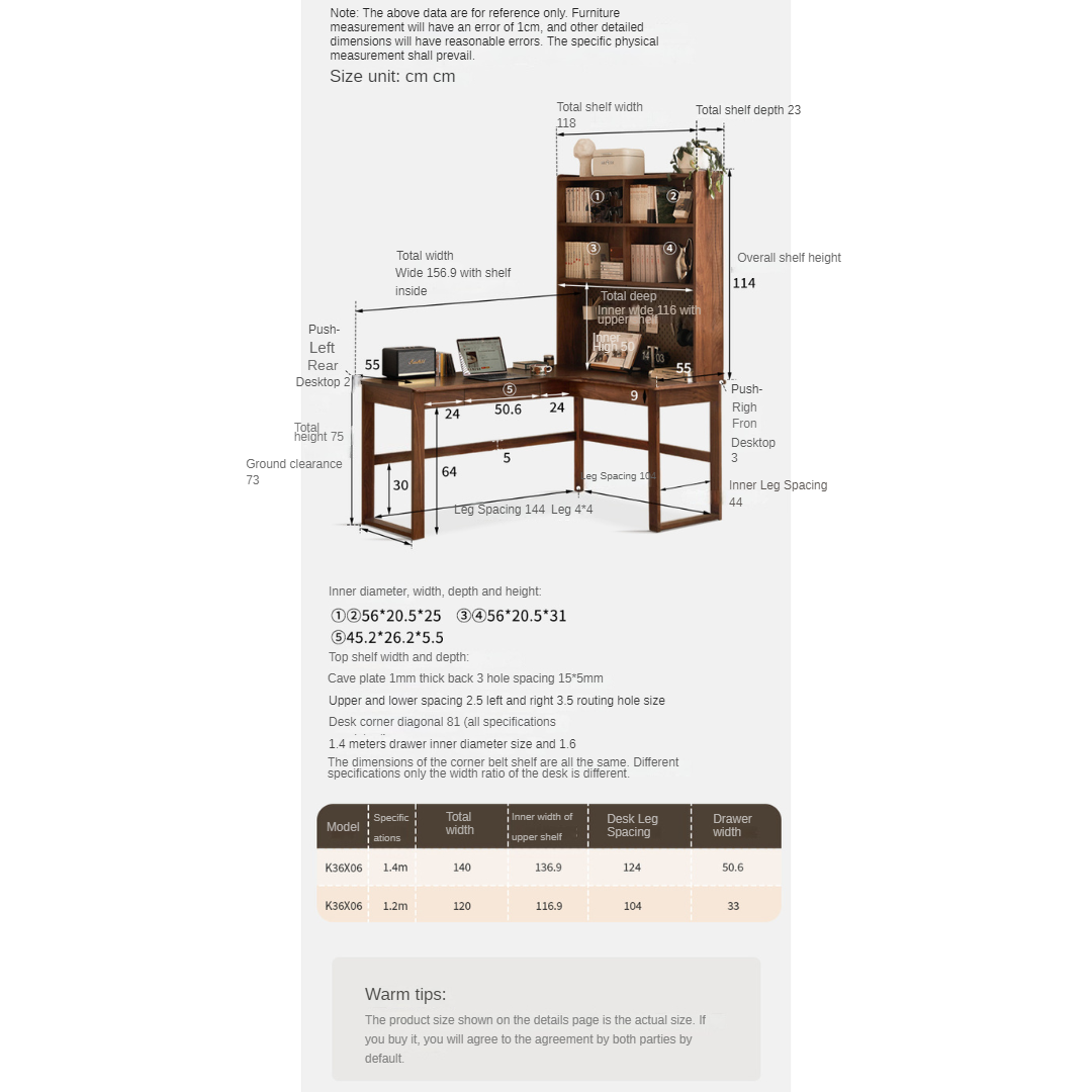 Black walnut, Oak Solid Wood Corner Desk Bookshelf