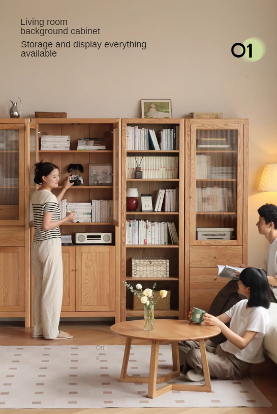 Oak solid wood bookcase with glass door