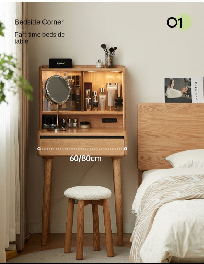 Oak, Ash Solid Wood Vanity Table Shelf Integrated.