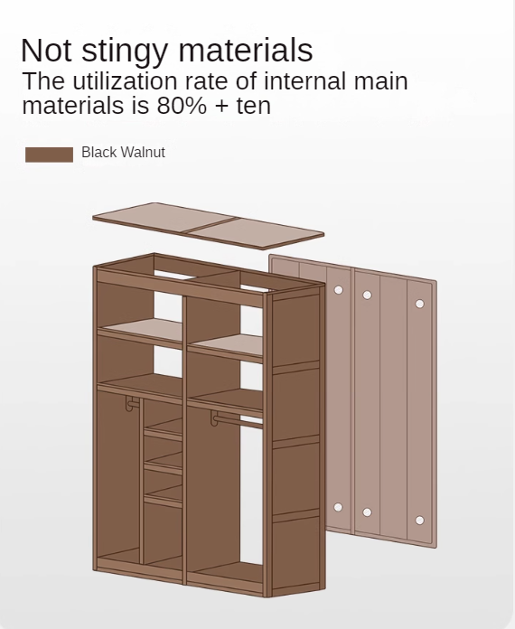 Black Walnut Solid Wood Retro Style Skeleton Line Large Wardrobe