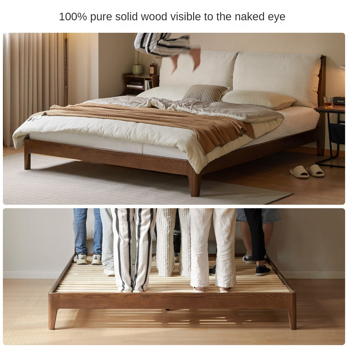 Oak Solid Wood Fabric Soft Bed<