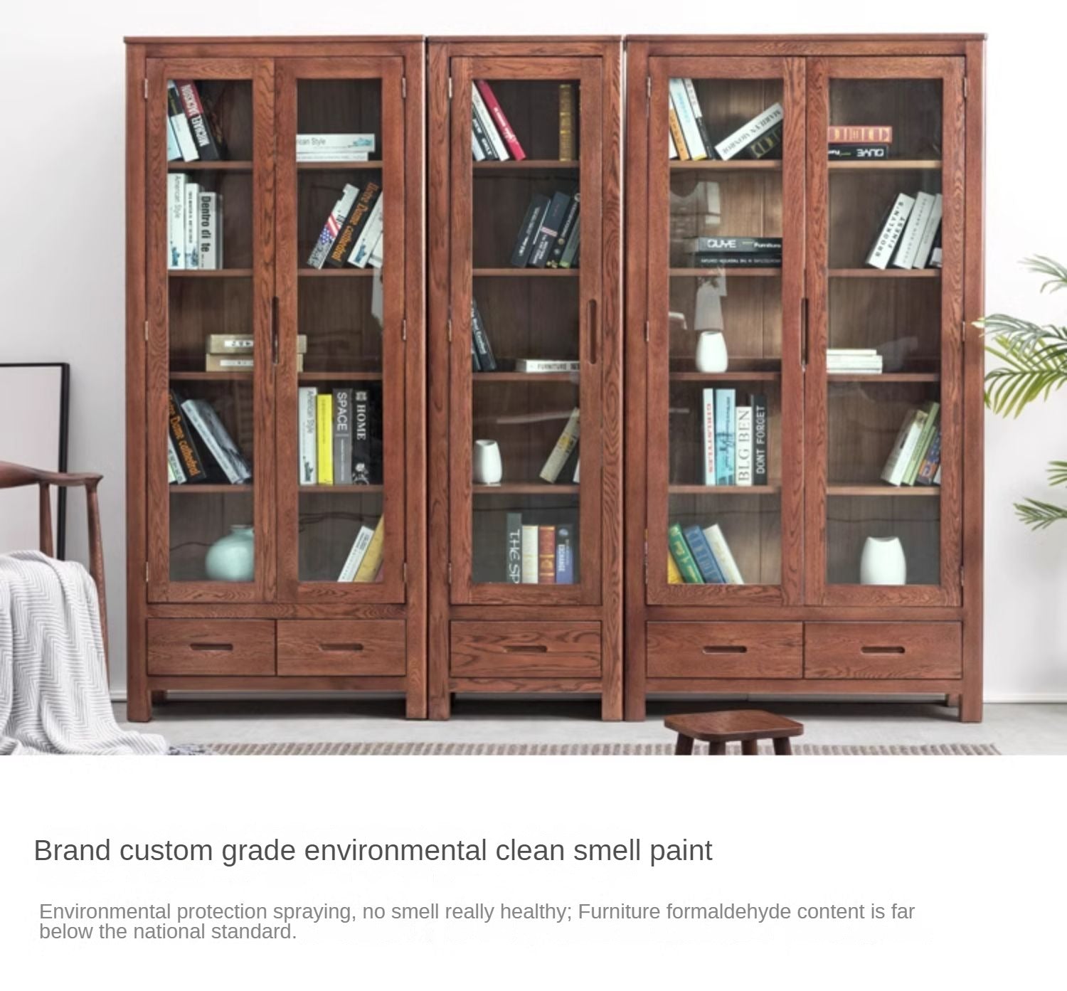 Oak Solid Wood Nordic Bookcase with Glass Door