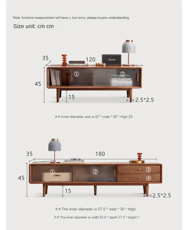 Oak Solid Wood TV Stand Glass Sliding Door: