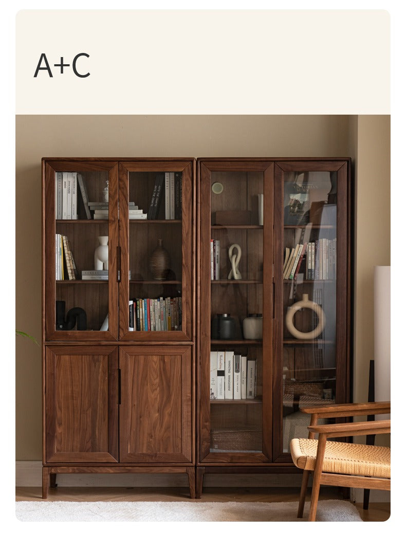 North American black walnut, Ash solid wood combination cdust-proof glass door wall floor-to-ceiling bookshelf<