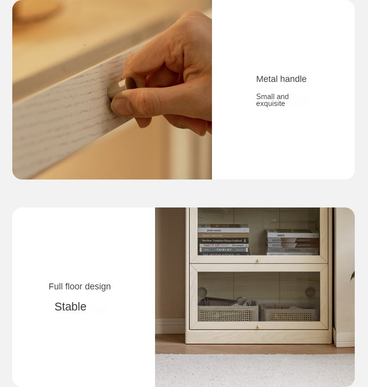 Oak Solid Wood Bookcase, Cream Flipped Door, Glass Display Cabinet"-