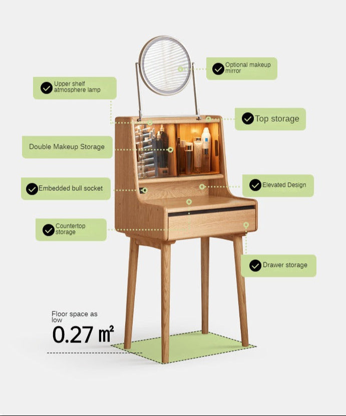 Oak, Ash Solid Wood Vanity Table Shelf Integrated.