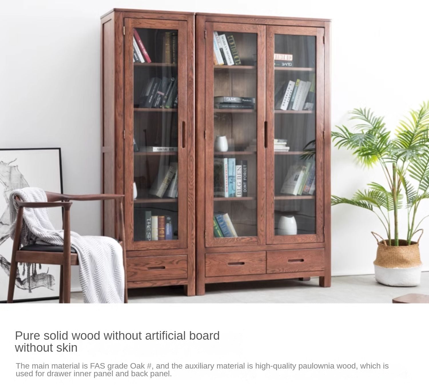 Oak Solid Wood Nordic Bookcase with Glass Door