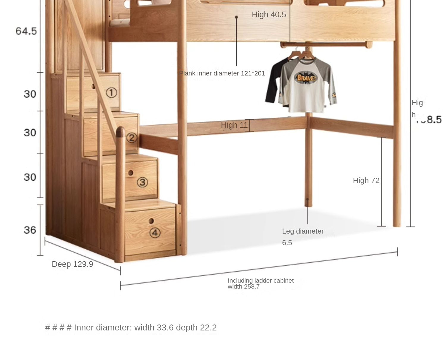 Oak solid wood Loft bed with a desk<