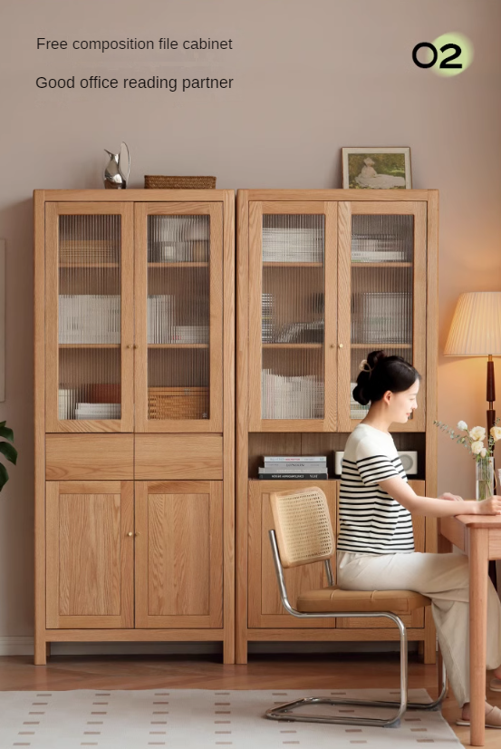 Oak solid wood bookcase with glass door