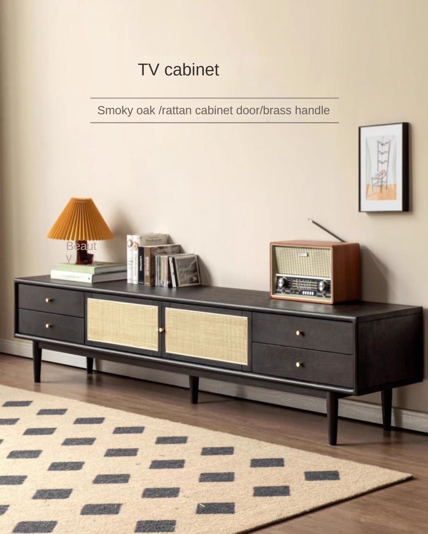 Oak solid wood rattan Four drawer TV cabinet Smoked