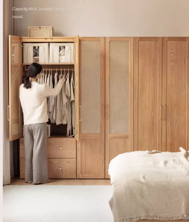 Oak Solid Wood Free Combination Wardrobe Rattan Door