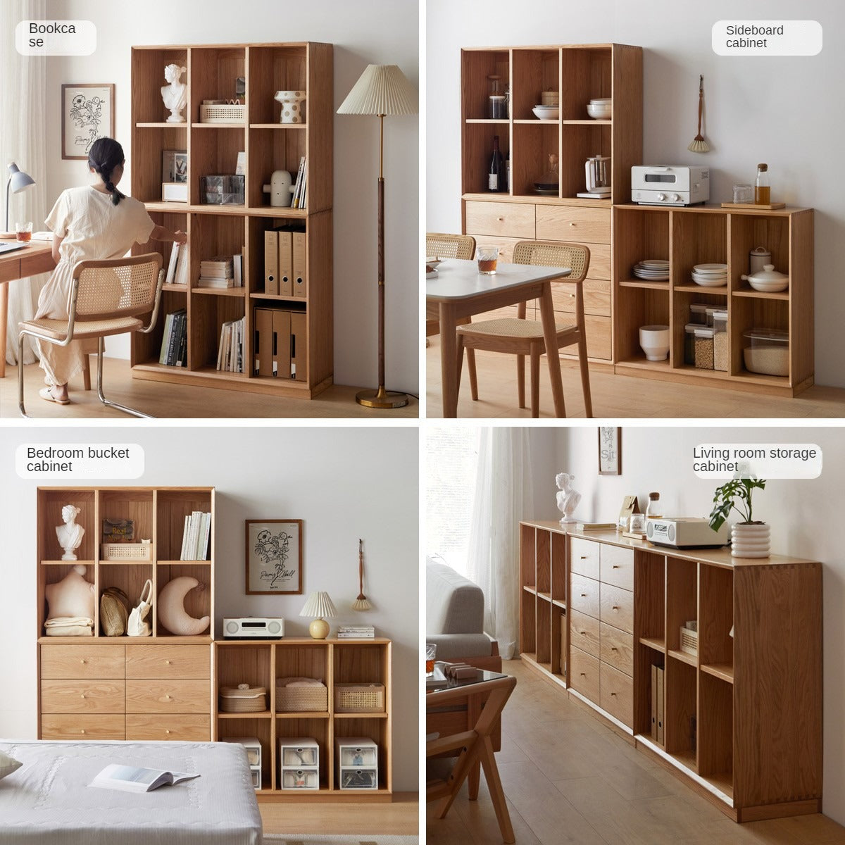 Oak Solid Wood Bookcase Glass Sliding Door Side Storage Cabinet Free Combination "-