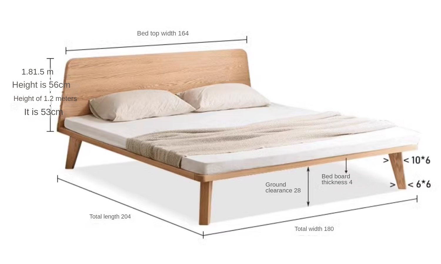 Oak solid wood platform bed, headboard-free bed