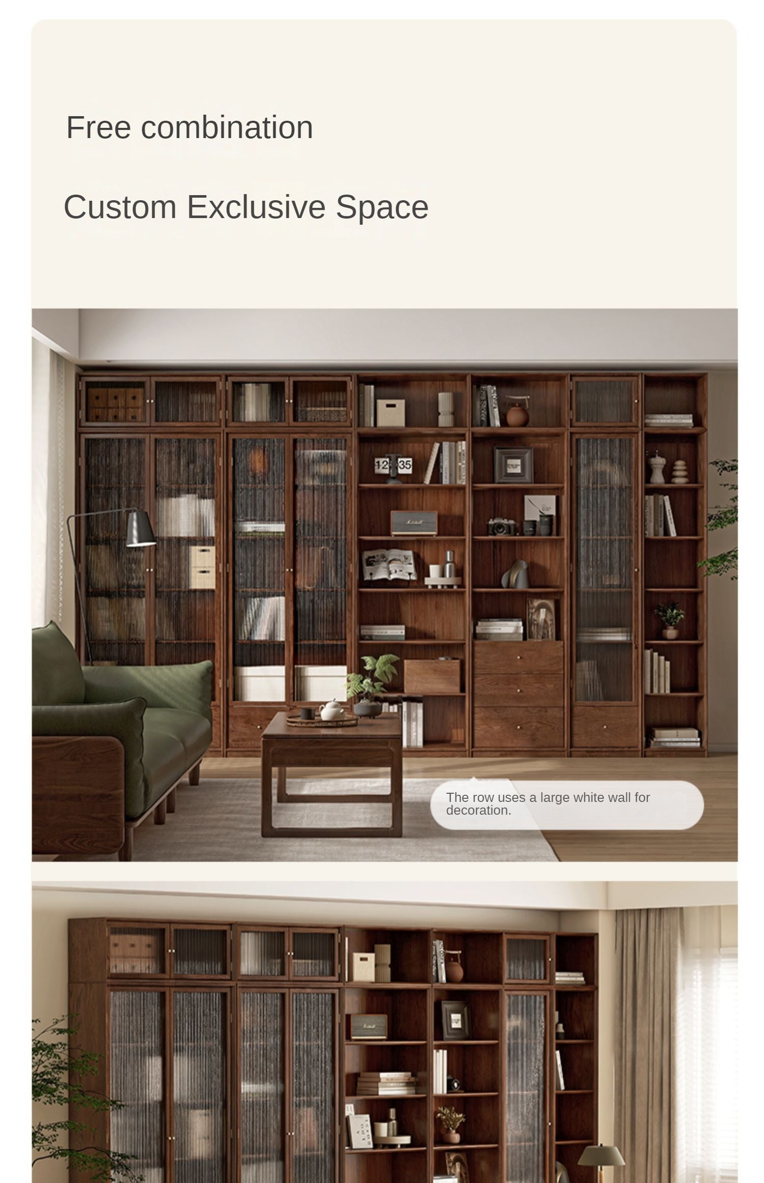 Oak Walnut solid wood cdust-proof glass door wall floor-to-ceiling bookshelf<