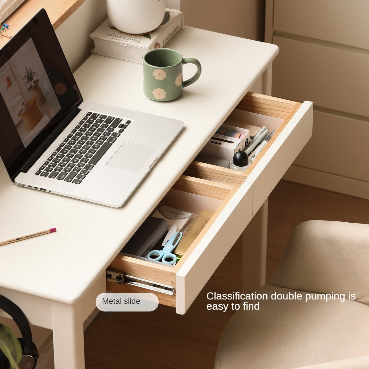 Poplar Solid wood modern narrow cream style drawer desk"