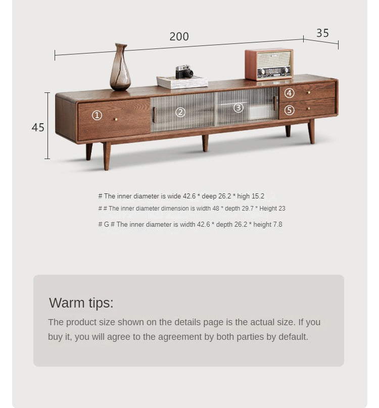 Oak Solid Wood TV Stand Glass Sliding Door: