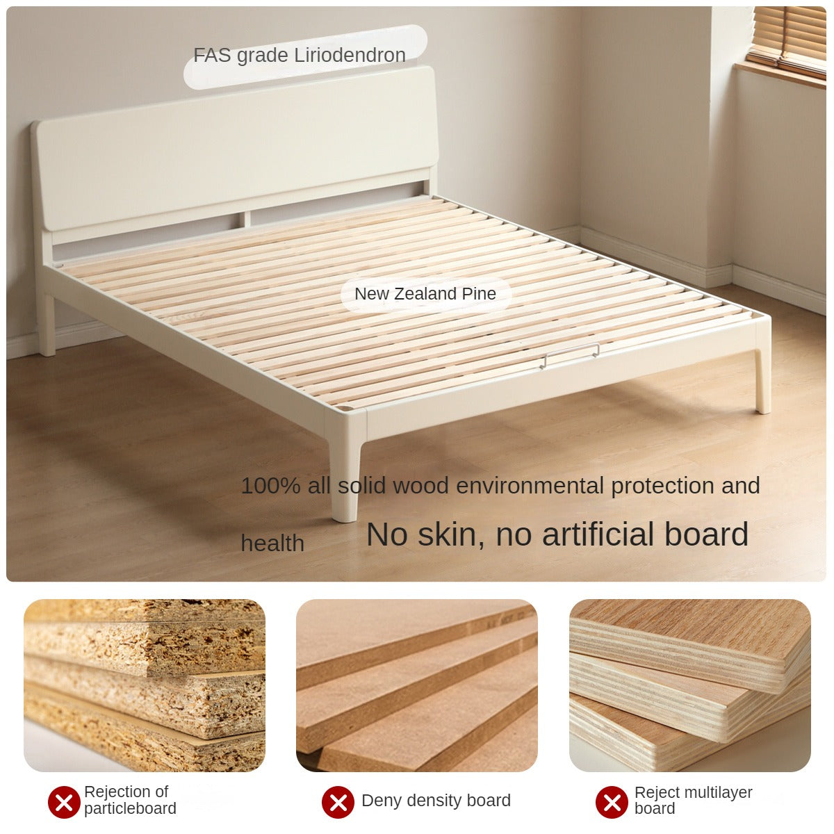 Poplar solid wood bed modern simple cream style<