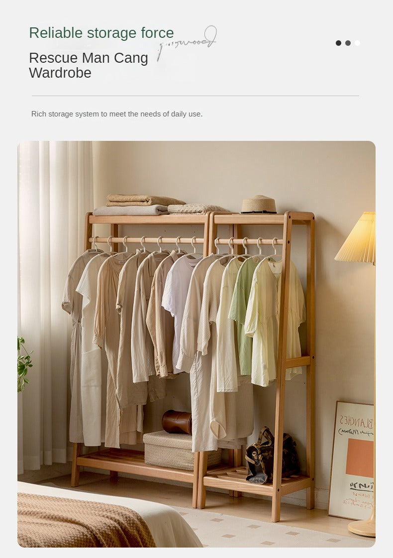 Oak, Ash solid wood hanger for small bedroom floor standing storage rack