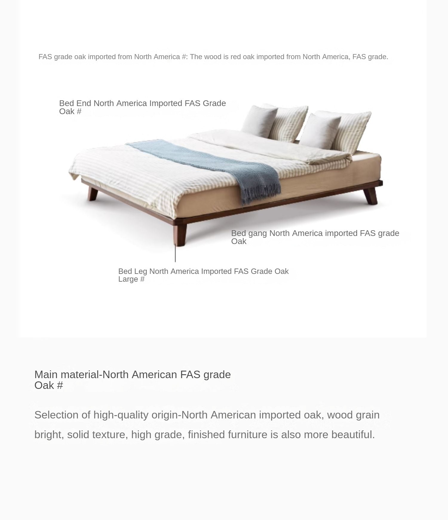 Oak Solid Wood Modern platform bed, headboard-free bed