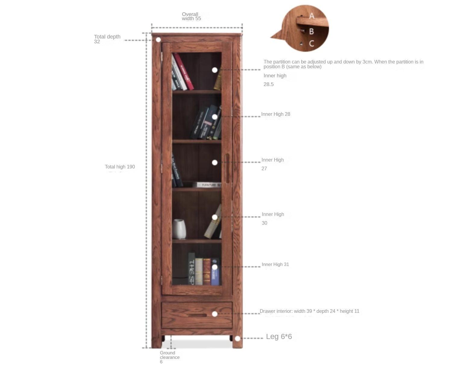 Oak Solid Wood Nordic Bookcase with Glass Door