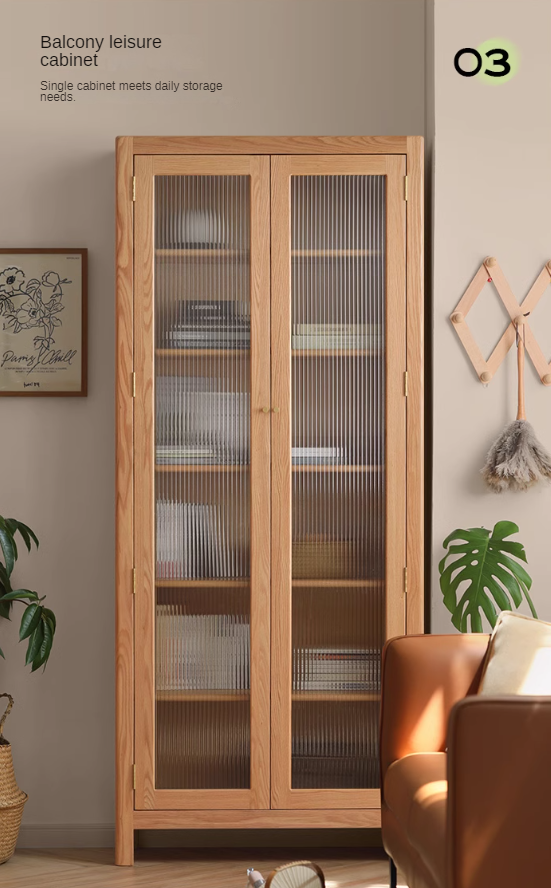 Oak solid wood bookcase with glass door