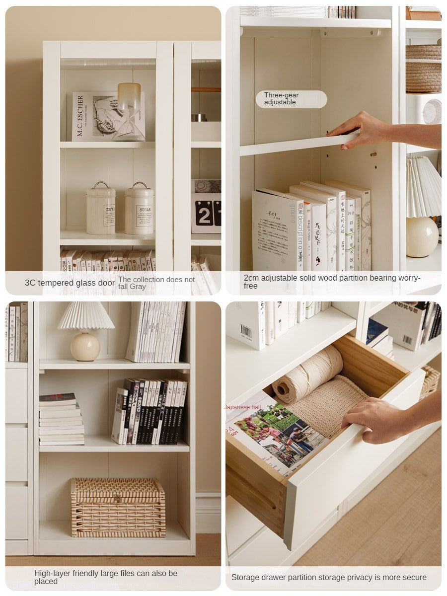 Solid wood combination bookshelf wall-to-ceiling bookcase glass door display cabinet cream style<