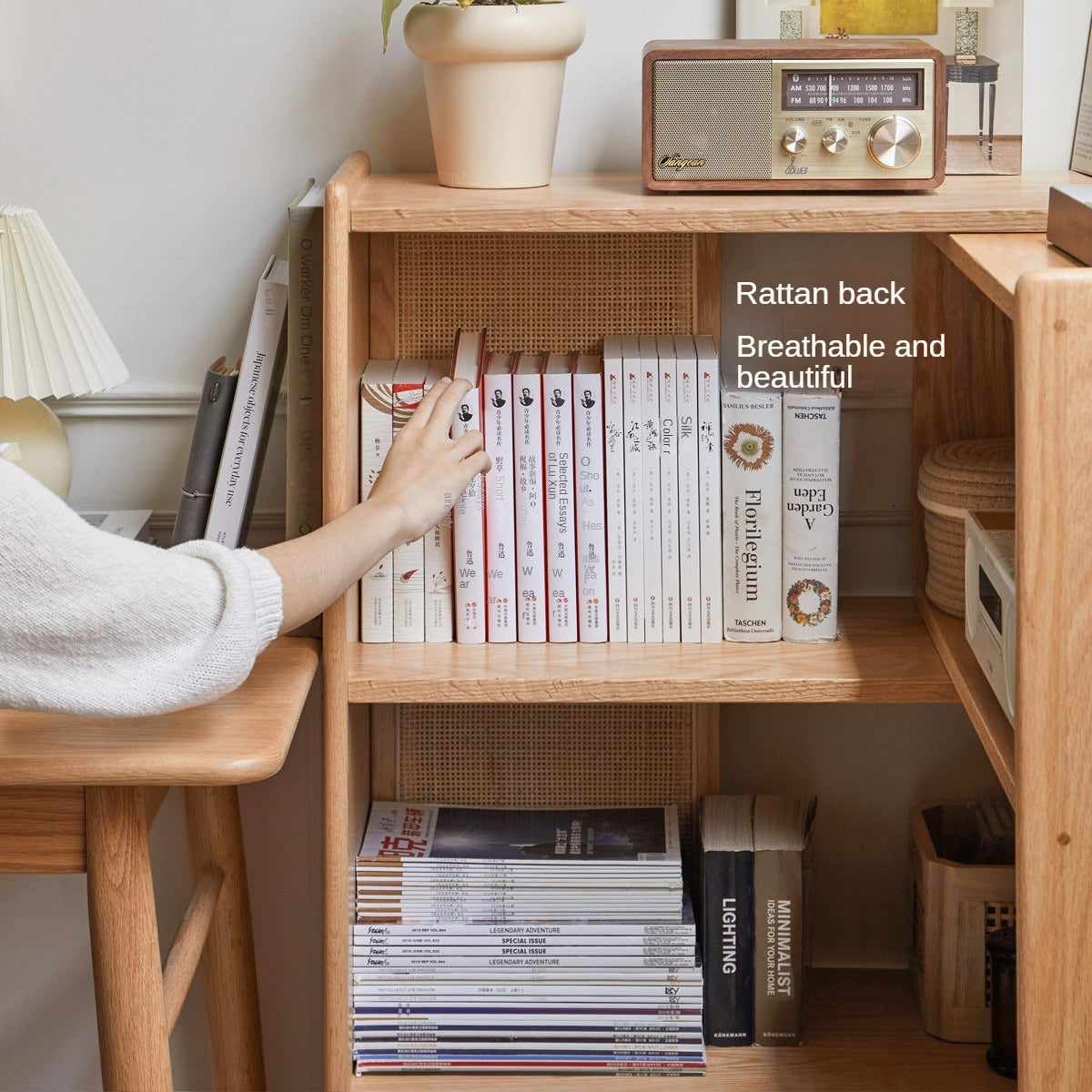 Oak Solid Wood Telescopic Storage bookshelf Corner Vine Weaving Storage