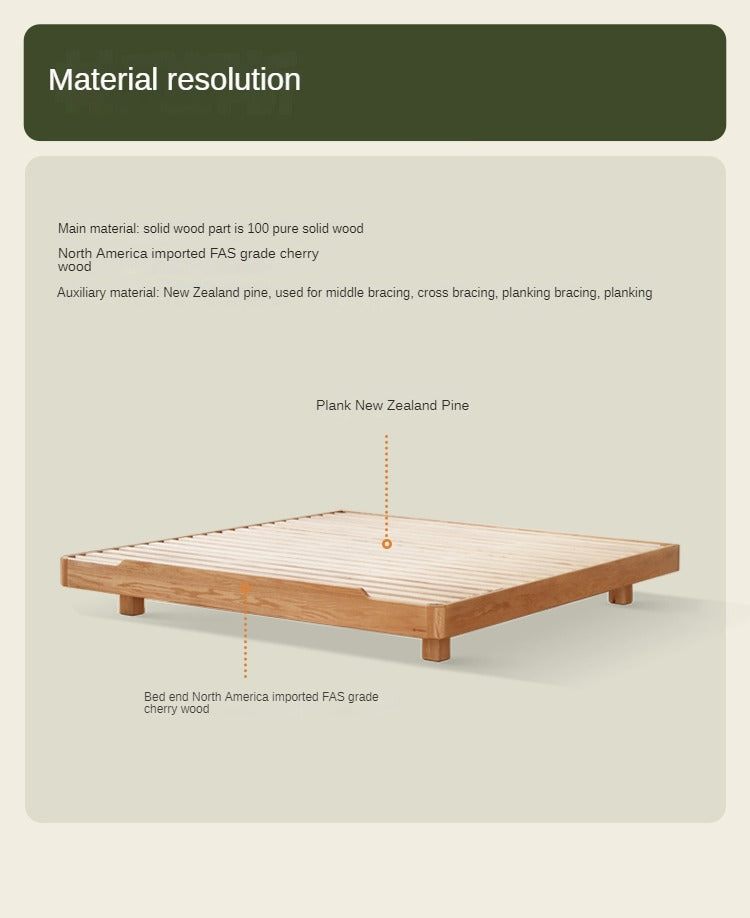 Cherry Wood Solid Wood platform bed, headboard-free bed with Light