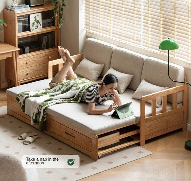Oak solid wood sofa bed folding retractable storage sofa