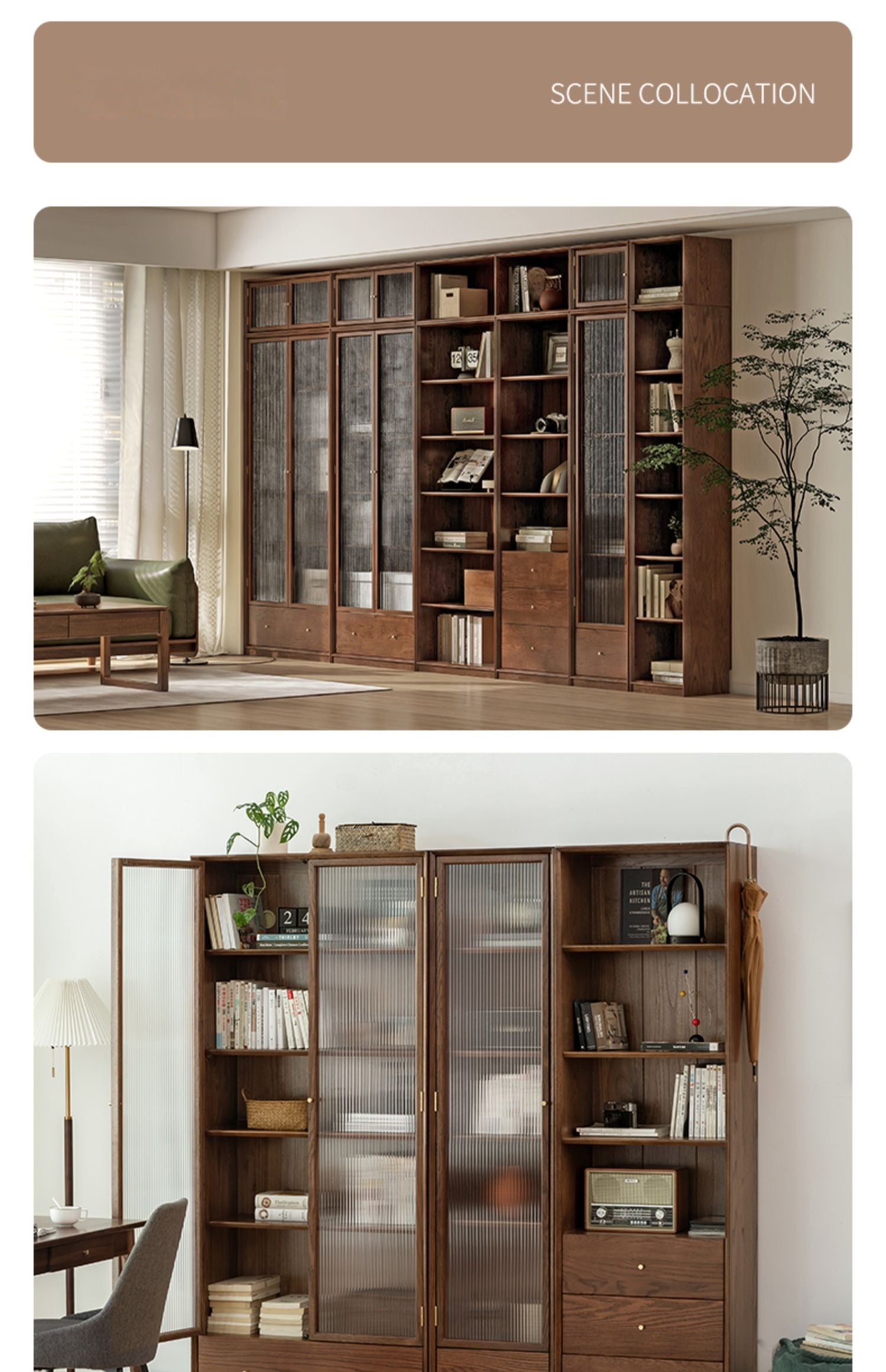 Oak Walnut solid wood cdust-proof glass door wall floor-to-ceiling bookshelf<