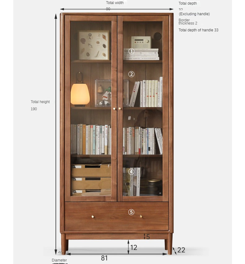 Black Walnut solid wood bookcase with glass door<