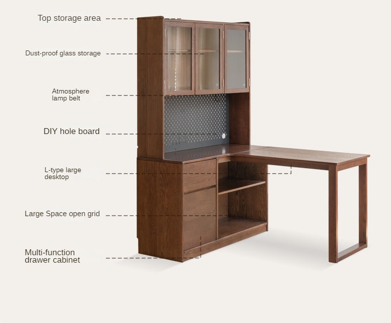 Oak solid wood desk bookshelf integrated corner table