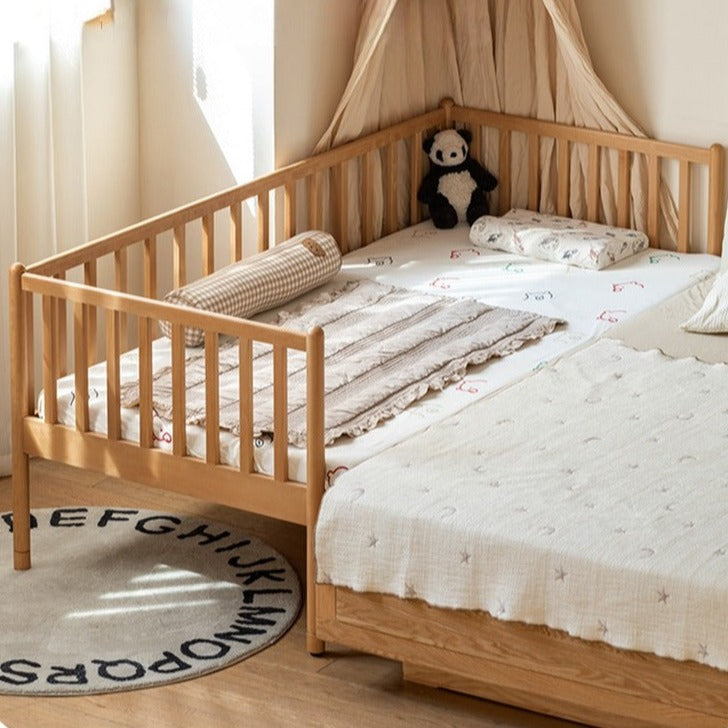 Beech solid wood children's bed with guardrails spliced bed_.