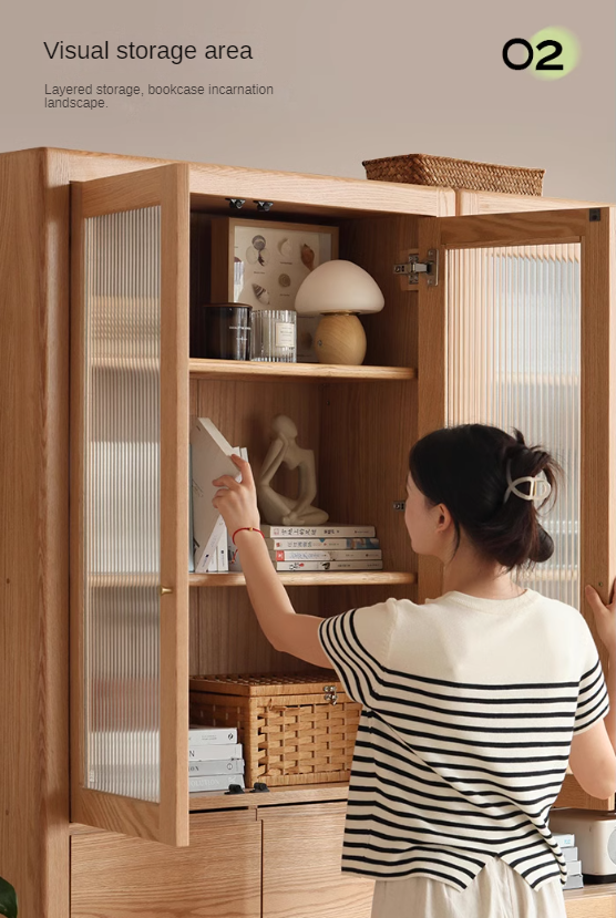 Oak solid wood bookcase with glass door