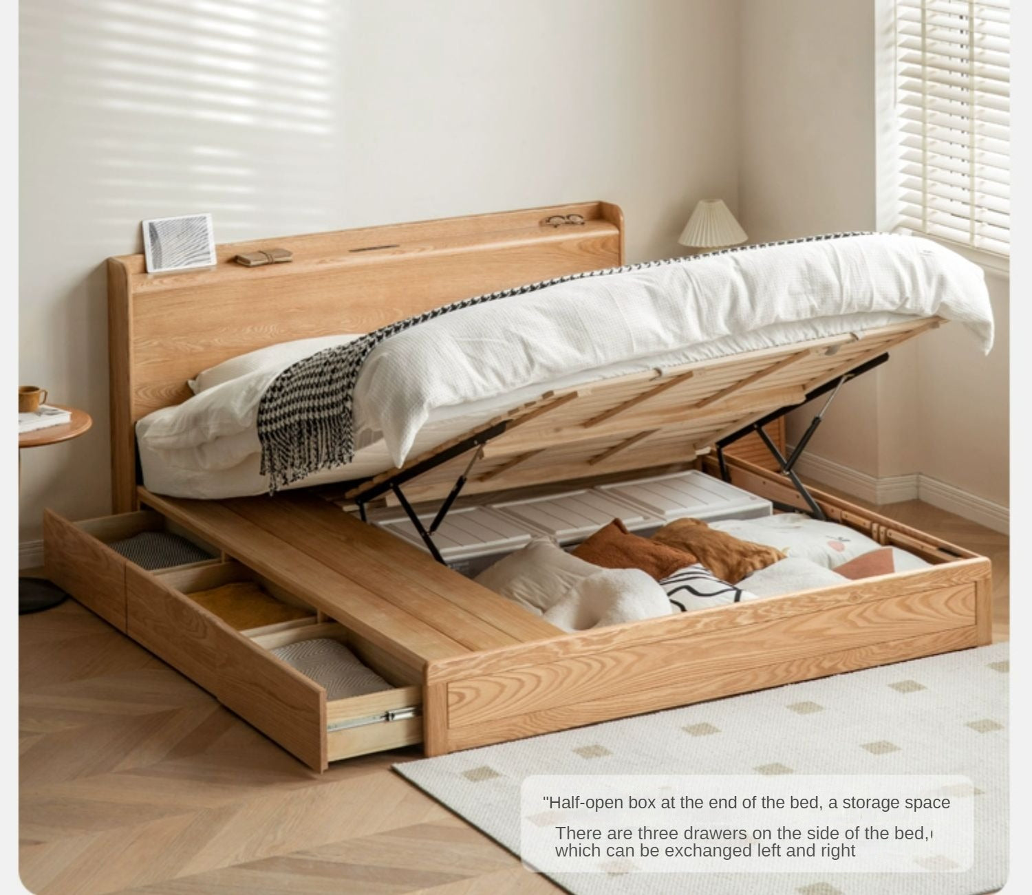 Oak Solid Wood Drawer Storage Bed with Sockets Box Bed_)