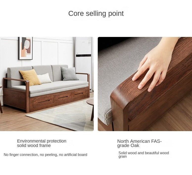 Oak solid wood sofa bed new style foldable storage sofa retractable bed