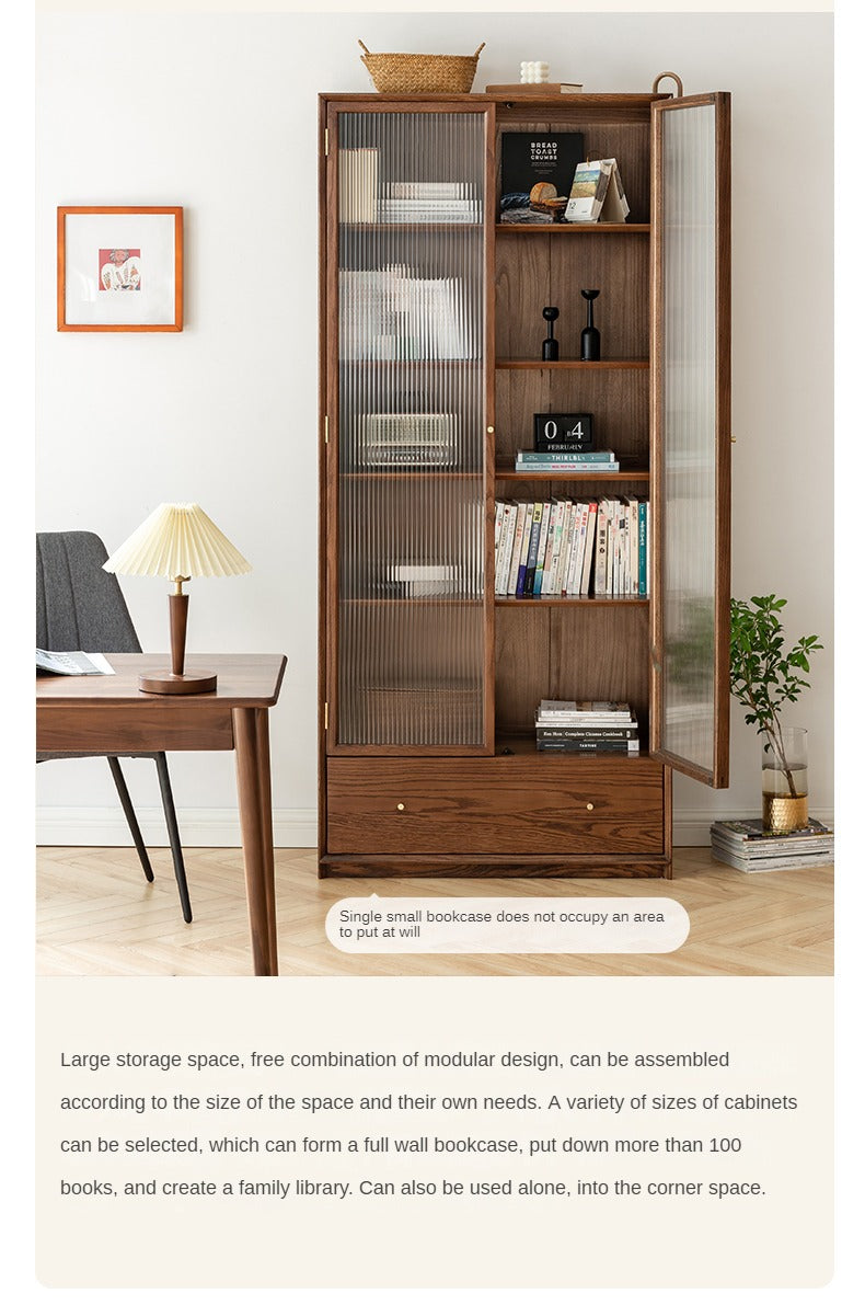 Oak Walnut solid wood cdust-proof glass door wall floor-to-ceiling bookshelf<