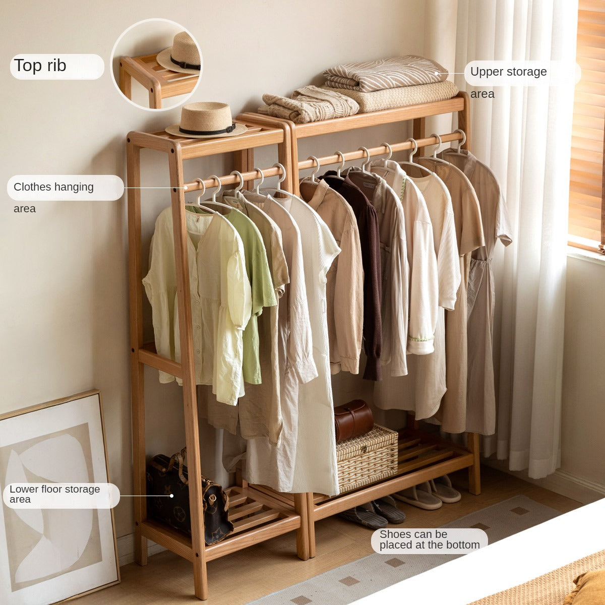 Oak, Ash solid wood hanger for small bedroom floor standing storage rack